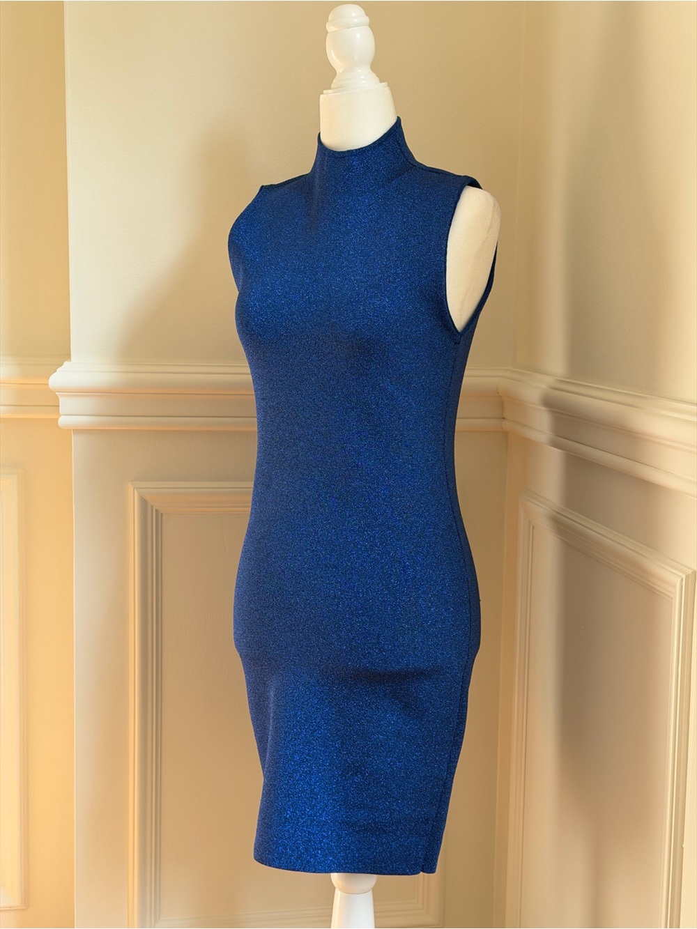 Alice & Olivia Metallica Blue Shimmer Mock Neck Dress